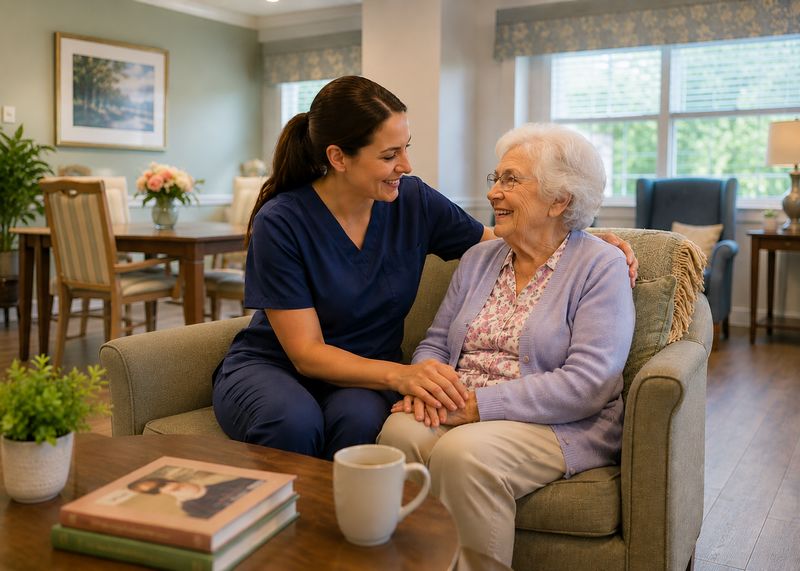 Caring staff with resident at The Waters of Covington